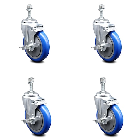 Service Caster 5 Inch Blue Polyurethane Swivel 10mm Threaded Stem Caster Set with Brake SCC-TS20S514-PPUB-BLUE-TLB-M1015-4